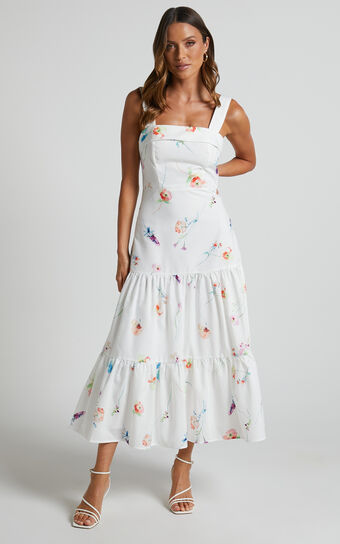 Shineey Midi Dress - Straight Neck Tiered Dress in Painterly Wild Flower
