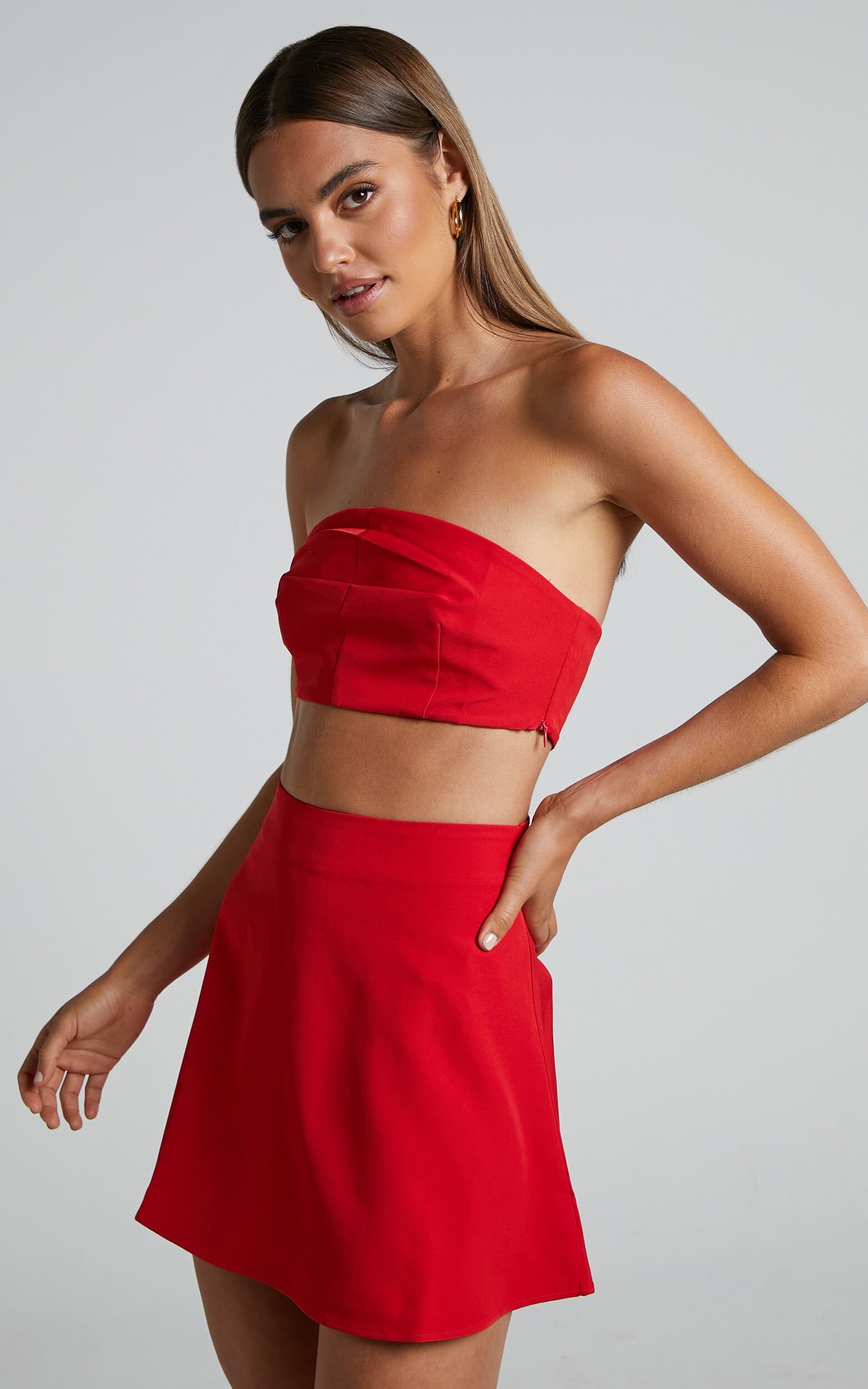 Khirara Two Piece Set - Strapless Bandeau Crop Top and Mini Skirt in Red