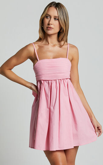 Clover Mini Dress - Back Bow Babydoll Dress in Pink
