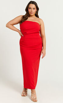 Calanthe Midi Dress - Strapless Tuck Detail Dress in Red
