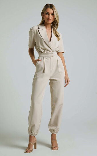 Coco Jumpsuit - Collared Short Sleeve Straight Leg Jumpsuit in Stone