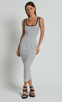 Isha Midi Dress - Ribbed Scoop Neck Sleeveless Bodycon Dress in White and Black Stripe