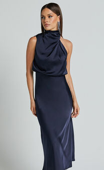 Minnie Midi Dress - Drape Neck Satin Slip Dress in Midnight Blue