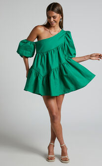 Harleen Mini Dress - Linen Look Asymmetrical Trim Puff Sleeve Dress in Green