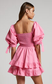 Chelle Mini Dress - Shirred Short Tie Sleeve Dress in Pink | Showpo USA