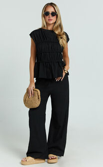 Auric Two Piece Set - Ruched Detail Top and Wide Leg Pants Set in Black