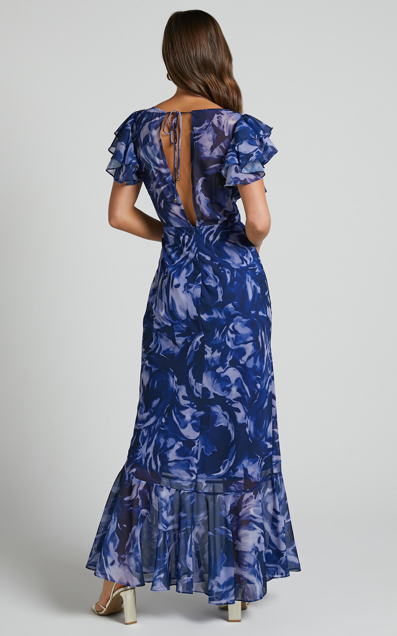 Dylana Midi Dress V Neck Flutter Sleeve Dress in Navy Swirl