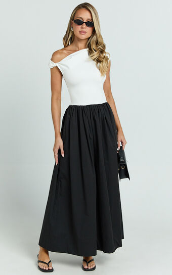 Jhamie Midi Dress - One Shoulder Contrast Skirt Dress in White/Black