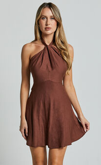 Louie Mini Dress - Linen Look Halter Neck Dress in Chocolate