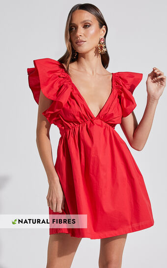Raiza Mini Dress - Ruffle Sleeve Tie Back Plunge Dress in Red | Showpo USA