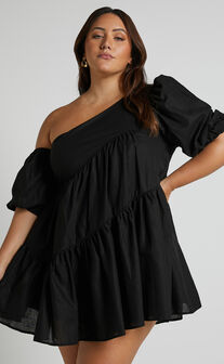 Harleen Mini Dress - Linen Look Asymmetrical Trim Puff Sleeve Dress in Black