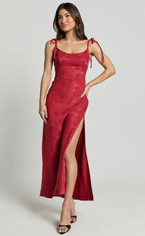 Romarie Maxi Dress - Tie Shoulder Backless Jacquard Dress in Red