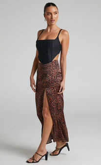 Kerensa Midi Skirt - Printed Side Split Slip Skirt in Choc Animal