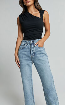 Wilkins Jeans - High Waisted Straight Leg Cropped Hem Jeans in Mid Blue Wash