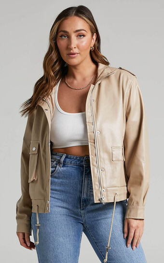 Soraya Jacket - Faux Leather Zip Front Toggle Hem Jacket in Biscuit