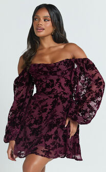 Jessell Mini Dress - Long Sleeve Cowl Corset Dress in Wine Burnout
