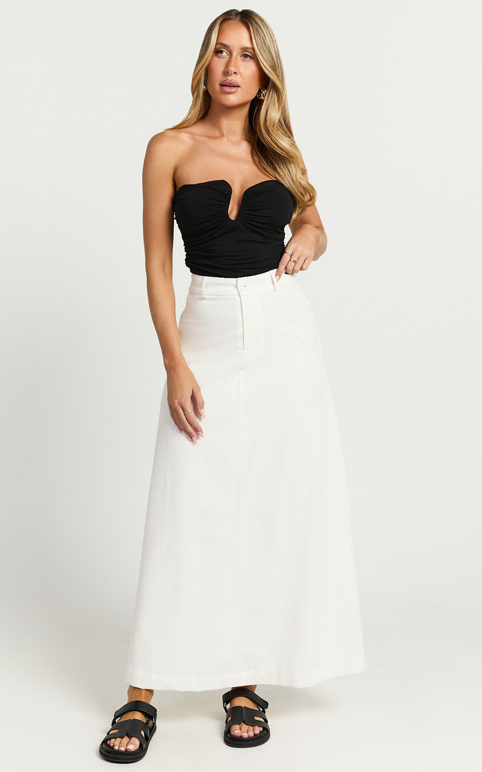 Benjie Maxi Skirt Tailored Linen Look High Waisted A Line in White