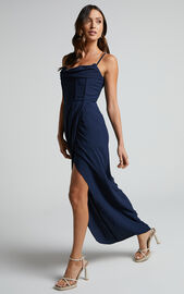 Andrina Midi Dress - High Low Wrap Corset Dress in Navy | Showpo EU