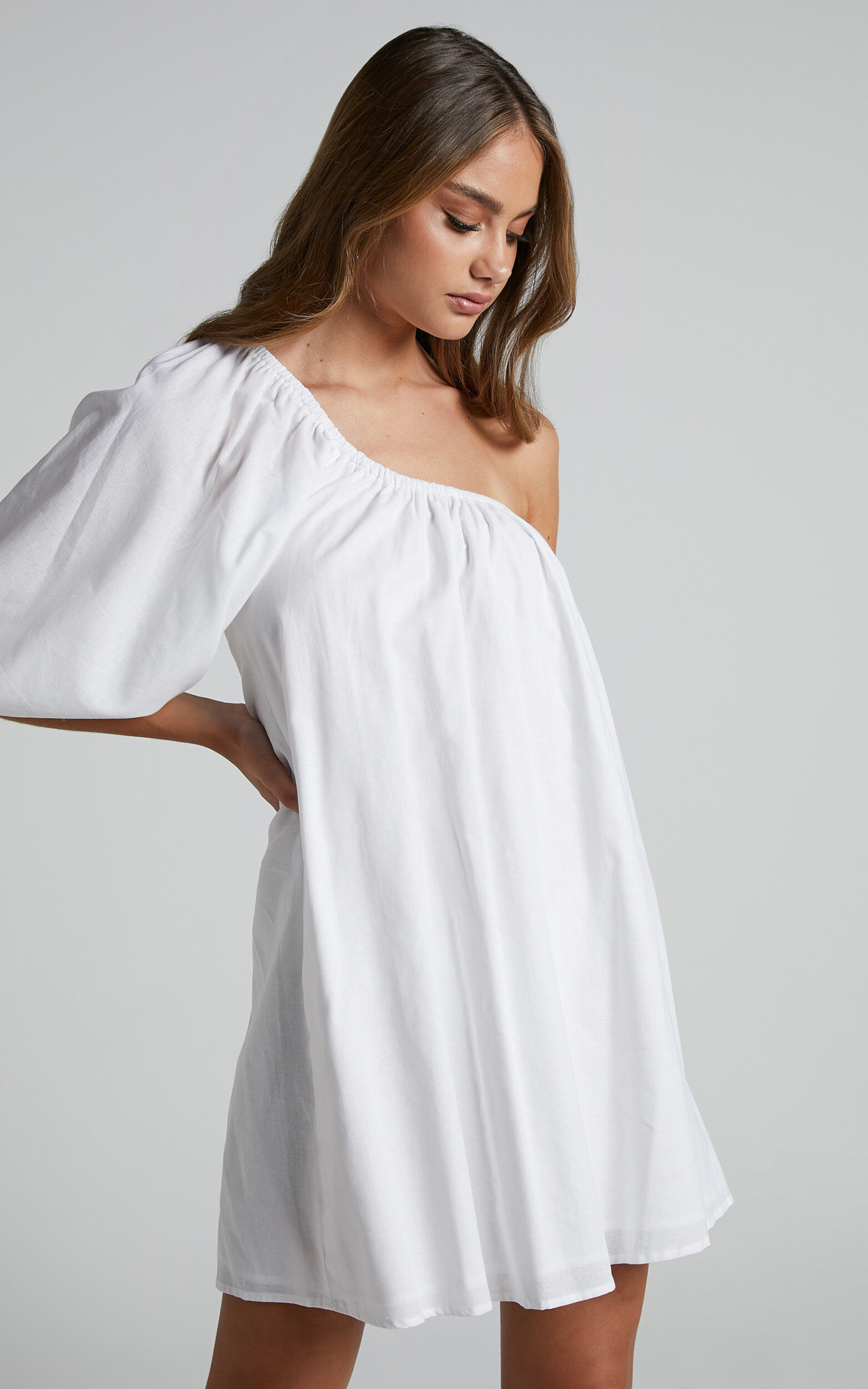 Estella Mini Dress - One Shoulder Puff Sleeve Shift Dress in White