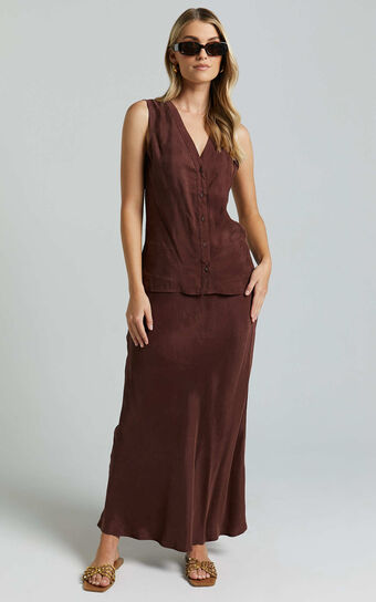 Kaya Two Piece Set - Cupro Linen Button Up Vest and Maxi Skirt Set in Chocolate
