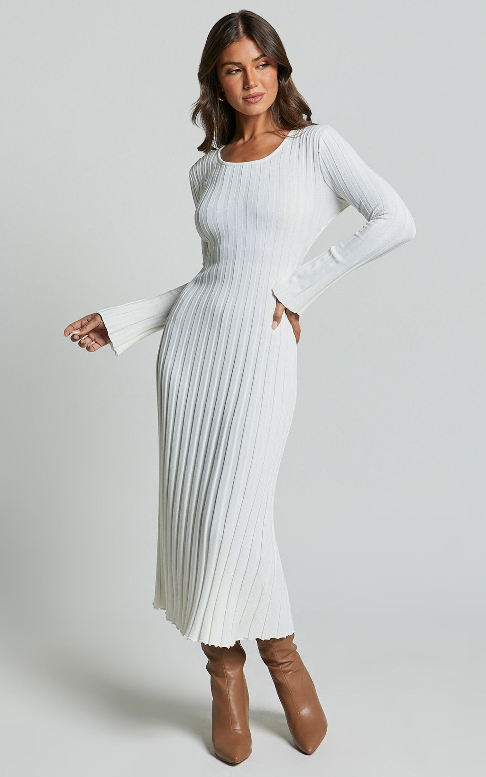 Blaire Midi Dress Long Sleeve Tie Back Flare Dress in Ivory Showpo
