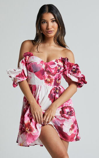 Cheryl Mini Dress - Off the Shoulder Sweetheart Flare in Fiesta Floral Pink