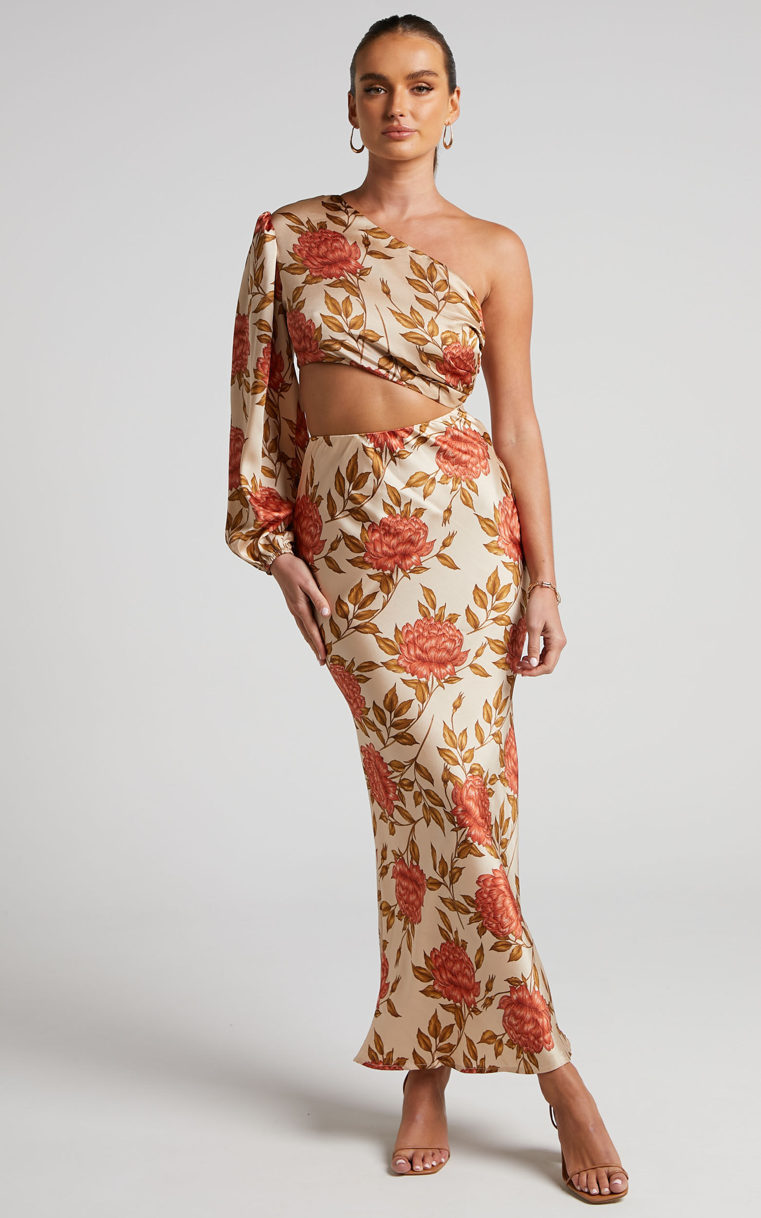Abagail Midi Dress - One Shoulder Cut Out Dress in Beige Floral - L, NEU1