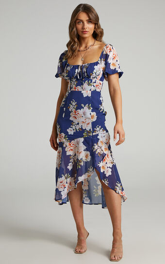 Jasalina Midi Dress - Puff Sleeve Dress in Royal Floral