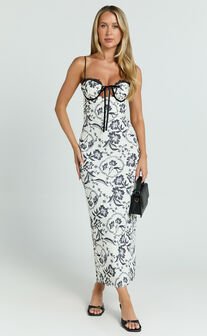 Helen Midi Dress - Strappy Balconette Tie Front Column Dress in Renaissance Floral Print