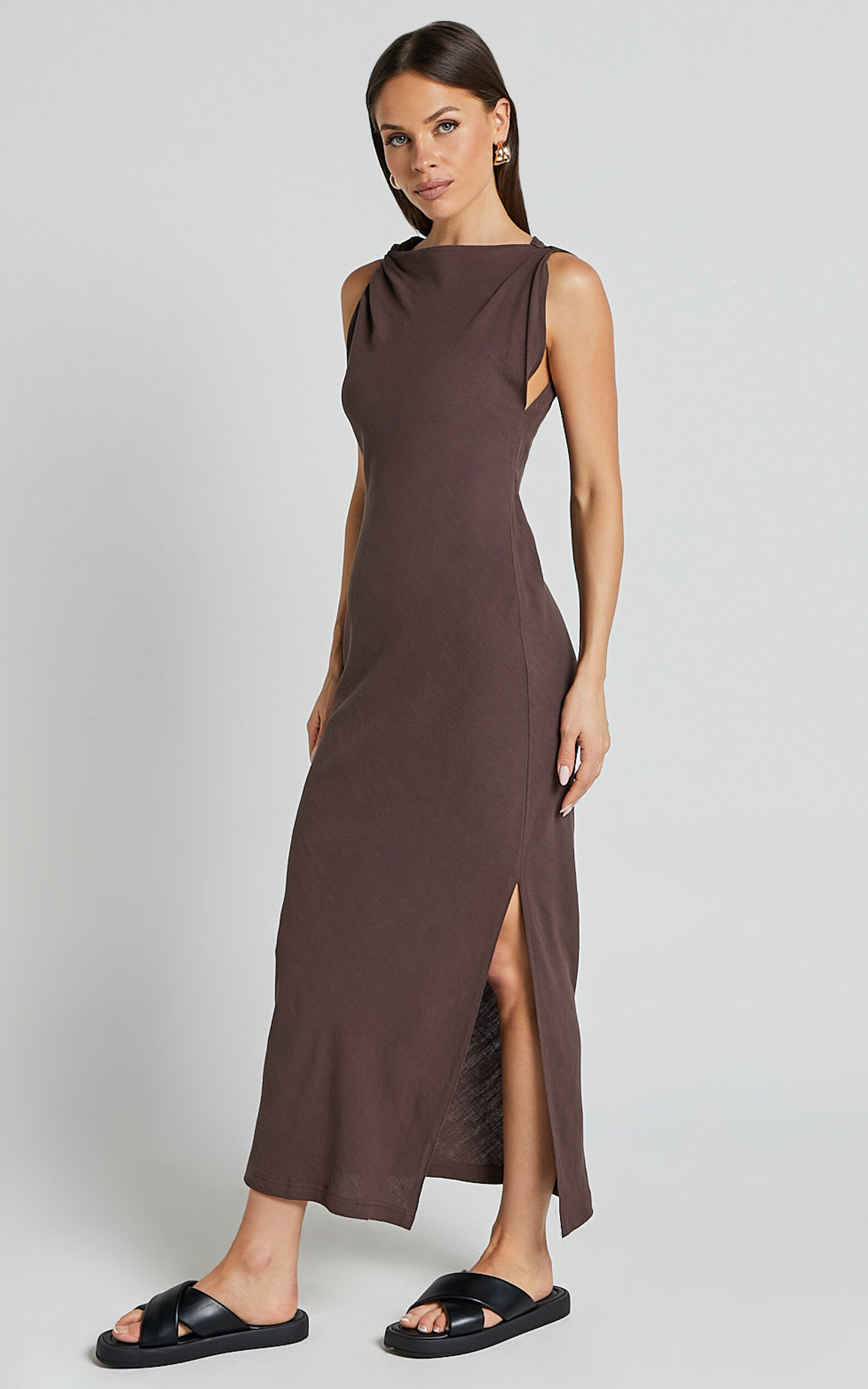 Jessenia Maxi Dress - Linen Look High Neck Dress in Chocolate | Showpo USA