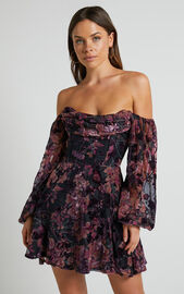 Jessell Mini Dress - Long Sleeve Cowl Corset Dress in Burnt Out Floral ...