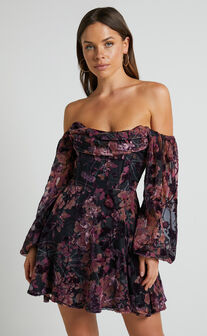 Jessell Mini Dress - Long Sleeve Cowl Corset Dress in Burnt Out Floral