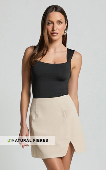 Mindy Mini Skirt - Linen Look A Line Side Split Skirt in Oatmeal