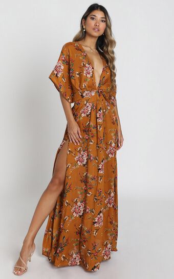 Vacay Ready Maxi Dress - Plunge Thigh Split Dress in Mustard Floral