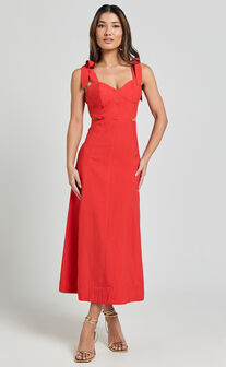 Giana Midi Dress - Shoulder Tie Cut Out Thigh Split Dress in Red