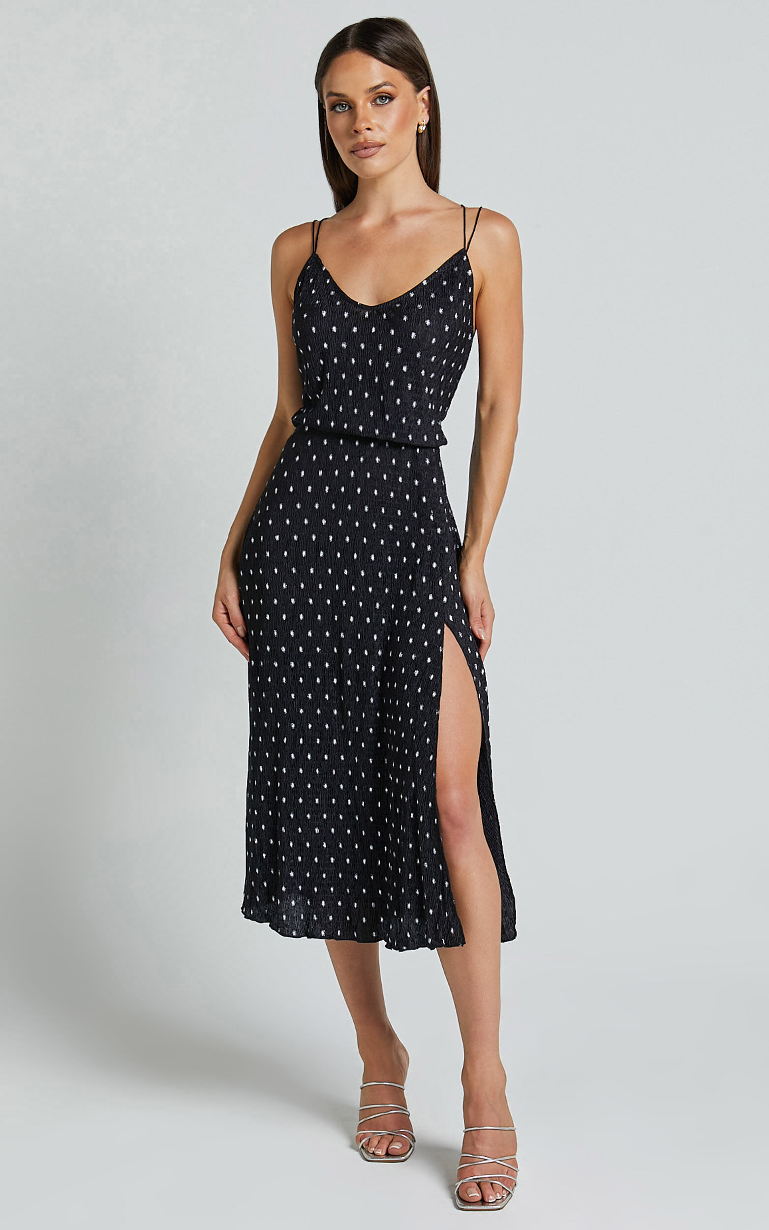 Rosalinda Midi Dress - V Neck Tie Back Dress in Black - 06, BLK1