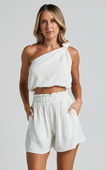 Raylene Two Piece Set - Linen Look Knotted One Shoulder Top and Paper Bag Waist Shorts in White