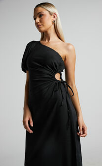 Victoria Midi Dress - Linen Look One Shoulder Puff Sleeve Cut Out Dress in Black