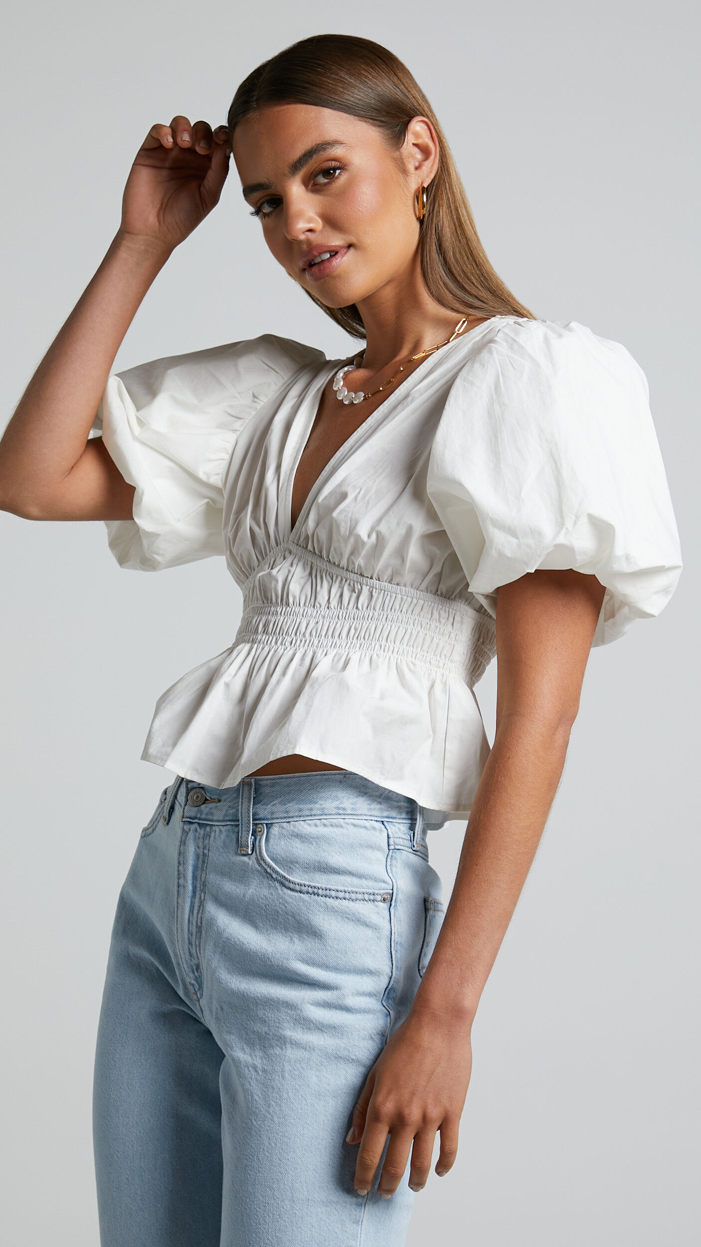 Mellie Top Puff Sleeve Peplum Top in White Showpo NZ