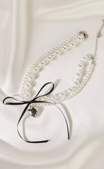 Henrietta Necklace - Pearl Bow Detail Heart Pendant Necklace in White