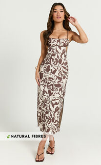 Gibson Midi Dress - Linen Scoop Neck Back Tie Dress in Tonal Stencil Floral