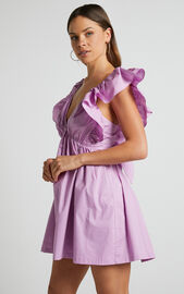 Raiza Mini Dress - Ruffle Sleeve Tie Back Plunge Dress in Lilac | Showpo USA