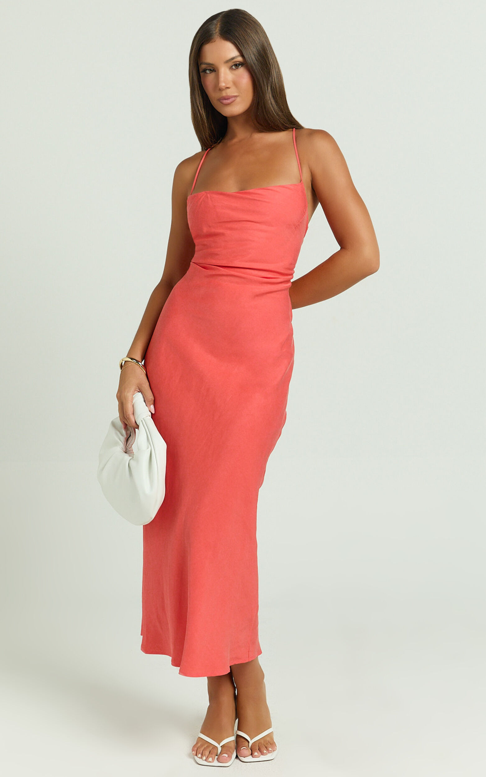 Evangeline Midi Dress - Square Neck Cross Back Bias Dress in Coral - 06, PNK1