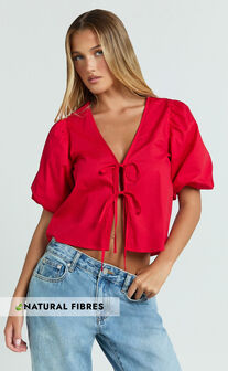 Dana Top - Bow Tie Front Puff Sleeve Blouse in Red