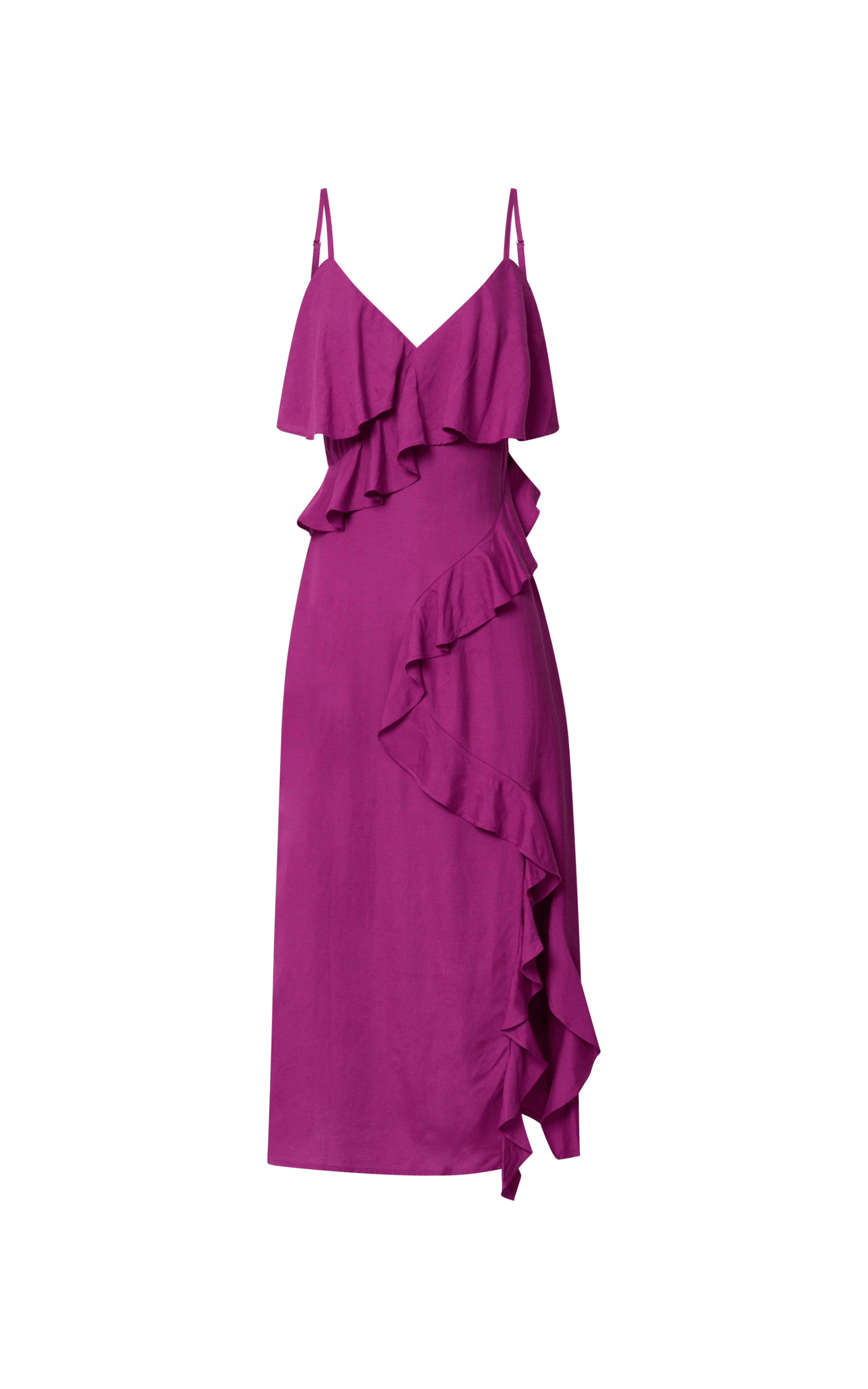 Pearline Midi Dress - Linen Look Frill Detail Thigh Split Slip Dress in ...