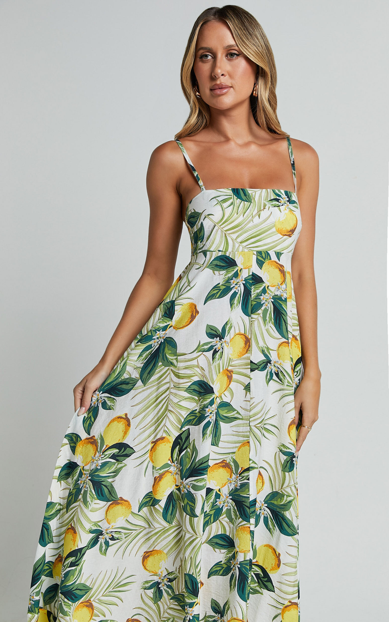 Cardi Maxi Dress Strappy Straight Neck A Line Dress in Yellow