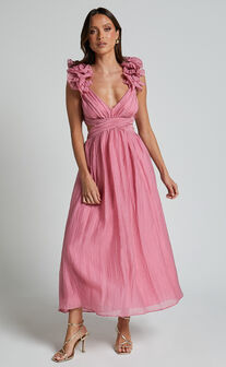 Marielly Maxi Dress - Side Cut Out V Neck Ruffle Detail Sleeve Dress in Pink