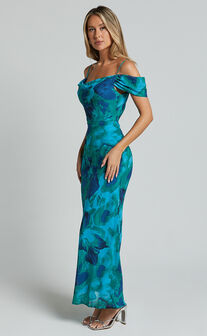 Blythe Maxi Dress - Off Shoulder Sweetheart Slip Dress in Green/Blue Print
