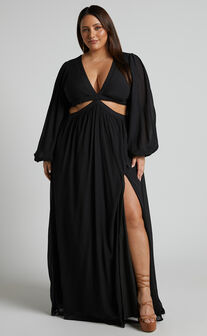 Paige Maxi Dress - Side Cut Out Balloon Sleeve Dress in Black