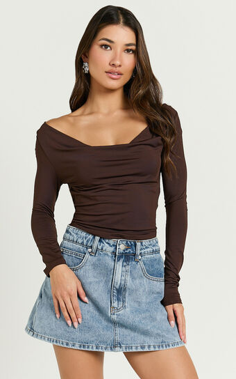 Blaire Top - Long Sleeve Cowl Neck Top in Chocolate